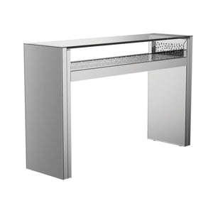 Add instant glamour with this LED console table featuring mirrored panels, a floating tempered glass top, and shimmering faux crystals. The clean, geometric silhouette offers a contemporary touch, while the silver finish brightens any room. Perfect for en