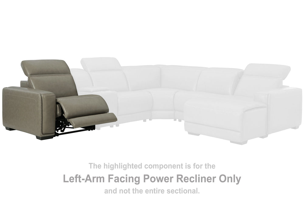 This left-arm facing power recliner is made with a combination of 100% top grain leather and faux leather upholstery. Pairs with other items in the series to make a sectional.<br><br><b>Additional Dimensions</b><br><ul><li>Seat width: 27-"</li><li>Seat de