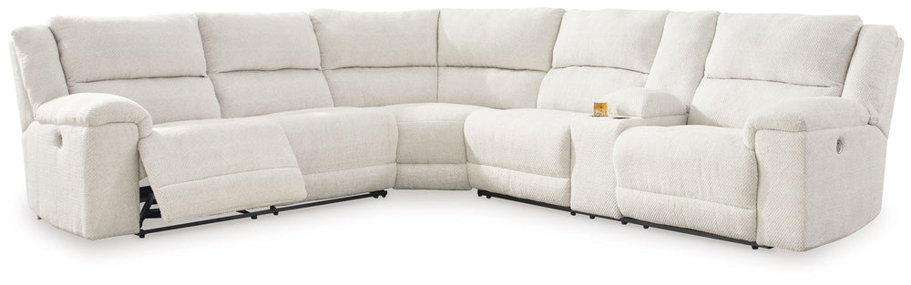 This power reclining sectional complements your contemporary cozy space. Bold block arms accentuated with form-fitting padding lend a high-style silhouette. An ample seating area invites you to sprawl during binge watches and relaxed reading hours alike. 