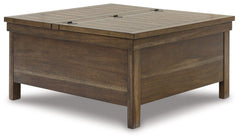 This lift-top coffee table might appear simple at first sight. But a closer look reveals beauty in the details. With a plank-effect tabletop, a tobacco brown finish and antiqued bronze-tone hardware, itâ€™s simply beaming with charm. A handy lift top make