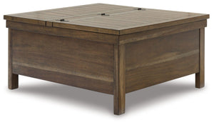This lift-top coffee table might appear simple at first sight. But a closer look reveals beauty in the details. With a plank-effect tabletop, a tobacco brown finish and antiqued bronze-tone hardware, itâ€™s simply beaming with charm. A handy lift top make