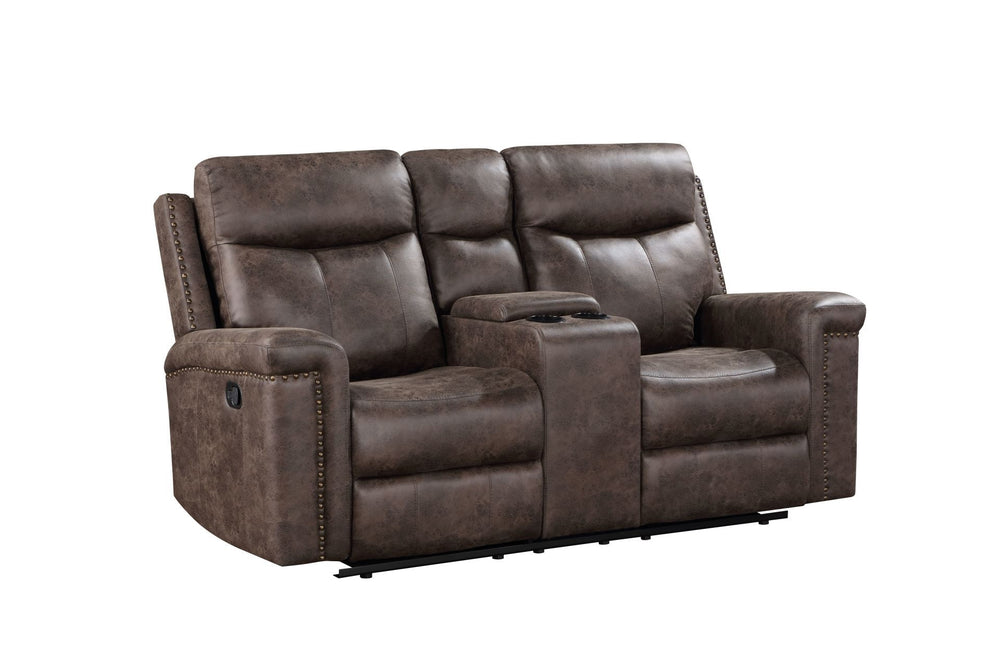 The Quade Dual Recliner Console Loveseat in mocha brown is built for both durability and comfort. Featuring a solid frame constructed from premium hardwood, plywood, and engineered wood, this loveseat is designed to provide lasting support. The bucket sea