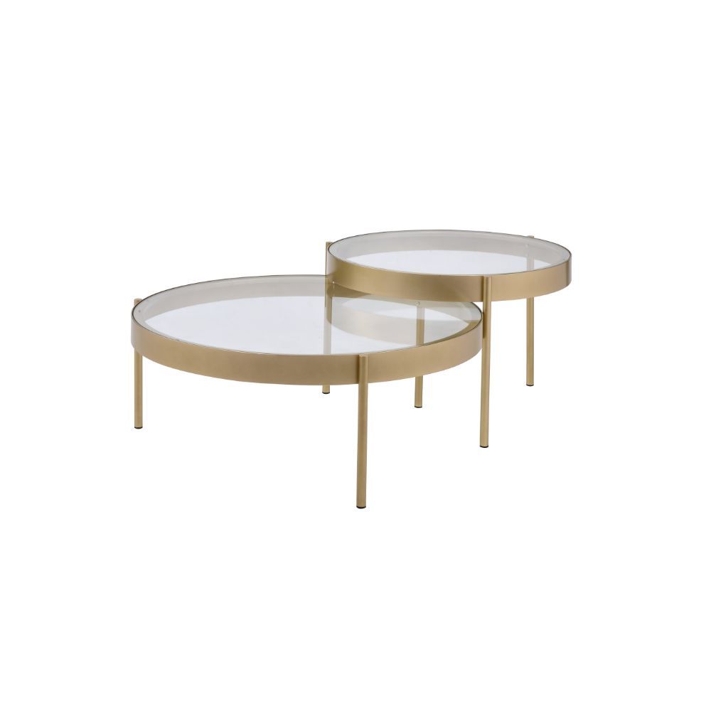 Anchor your living room in a clean and transitional style with the Andover 2Pc Pack Nesting Tables. Featuring an 8mm clear glass top and gold metal frame and legs, this set boasts a smooth oval silhouette. Combining the timeless design with an understated