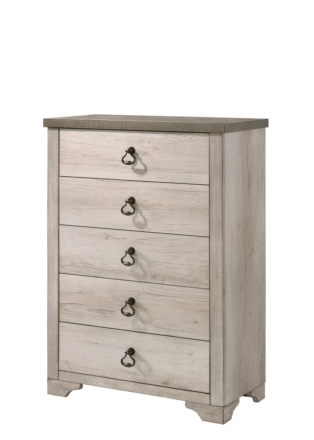 Elevate your sleeping quarters with this effortlessly elegant bedroom suite. The charming rustic-chic aesthetic is highlighted by a distressed finish and antique-style drawer pulls, offering a warm, inviting ambiance. The collection includes a stately bed