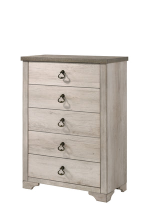 Elevate your sleeping quarters with this effortlessly elegant bedroom suite. The charming rustic-chic aesthetic is highlighted by a distressed finish and antique-style drawer pulls, offering a warm, inviting ambiance. The collection includes a stately bed