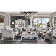 Assembled, with 5 Pillows Floral Scrolled Crown & Front-Arm Trim with Antique Brush, Nailhead Trim (Armrest & Base) Backrest Style: Arched (Crystal like Button Tufted) Tight Back & Loose Seat Cushion (1+2) CONSTRUCTION: Pocket Coil Seat