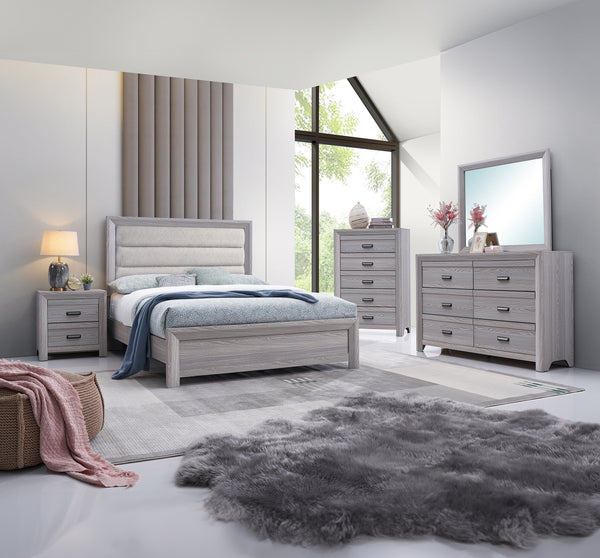 This bedroom set is the embodiment of understated sophistication, featuring a neutral drift wood finish that complements its clean and contemporary design. The robust bed frame anchors the room with a plush channel tufted headboard. Accompanying the bed a