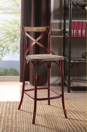 The Zaire collection chairs offer a vintage style bar chairs. It Features: reclaimed wood and metal looks, simple -"X-" style backrest, wooden seat, slightly flared four-legged base with footrest supports. Available in Antique Red, Antique Turquoise, Anti