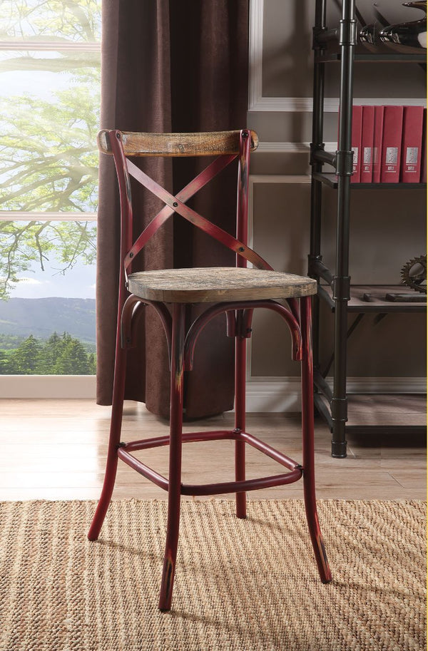 The Zaire collection chairs offer a vintage style bar chairs. It Features: reclaimed wood and metal looks, simple -"X-" style backrest, wooden seat, slightly flared four-legged base with footrest supports. Available in Antique Red, Antique Turquoise, Anti