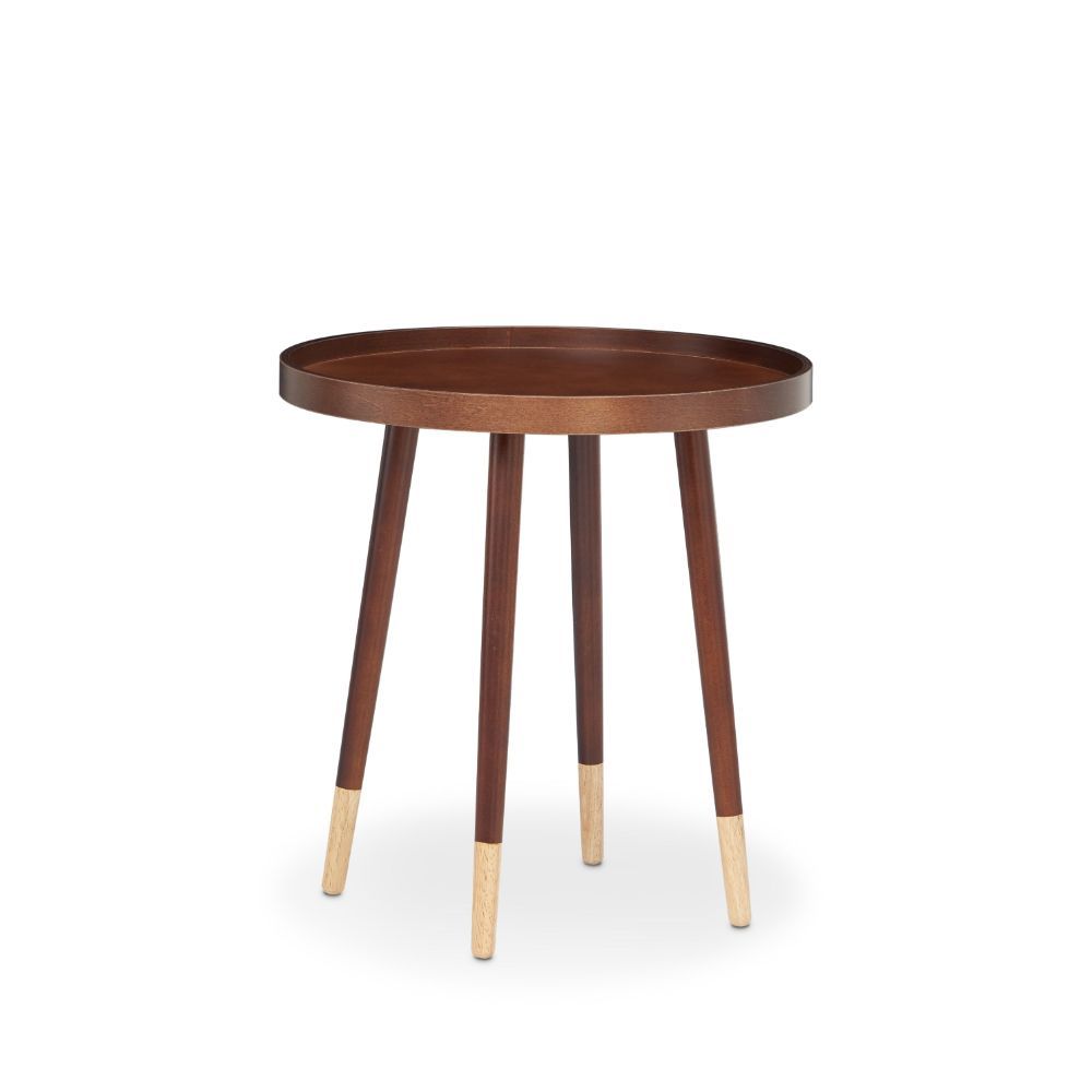 A mid-century modern design, the Dein tray-top end table offers a pleasing focal point to your space. With a smooth walnut finish, the tip point of the table legs are painted in natural wood finish, creating contradictions and beauty. Elevate your living 