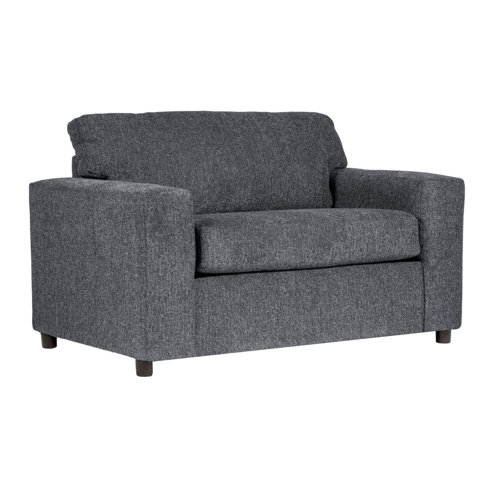 Discover the Kylo Cuddle Chair, a cozy haven designed for unparalleled relaxation. Crafted with easy-care ash gray upholstery, this transitional piece seamlessly blends into any space. Sink into its oversized frame, complete with square arms and plush pil