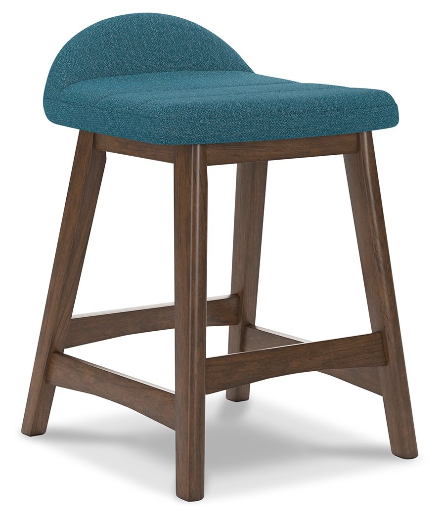 A refreshed take on retro aesthetics. This upholstered bar stool adds an air of playful simplicity to your dining space, capturing the architectural language of mid-century stylings. The seat invites the eye with a soft-edged silhouette and chic blue cush