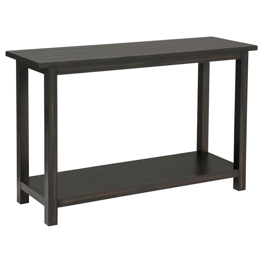 Crafted to complement both entryways and living rooms, this console table showcases a rustic aesthetic and versatile appeal. Fashioned from pine wood and reinforced with engineered wood, its open lower shelf provides ample space for baskets or decorative 
