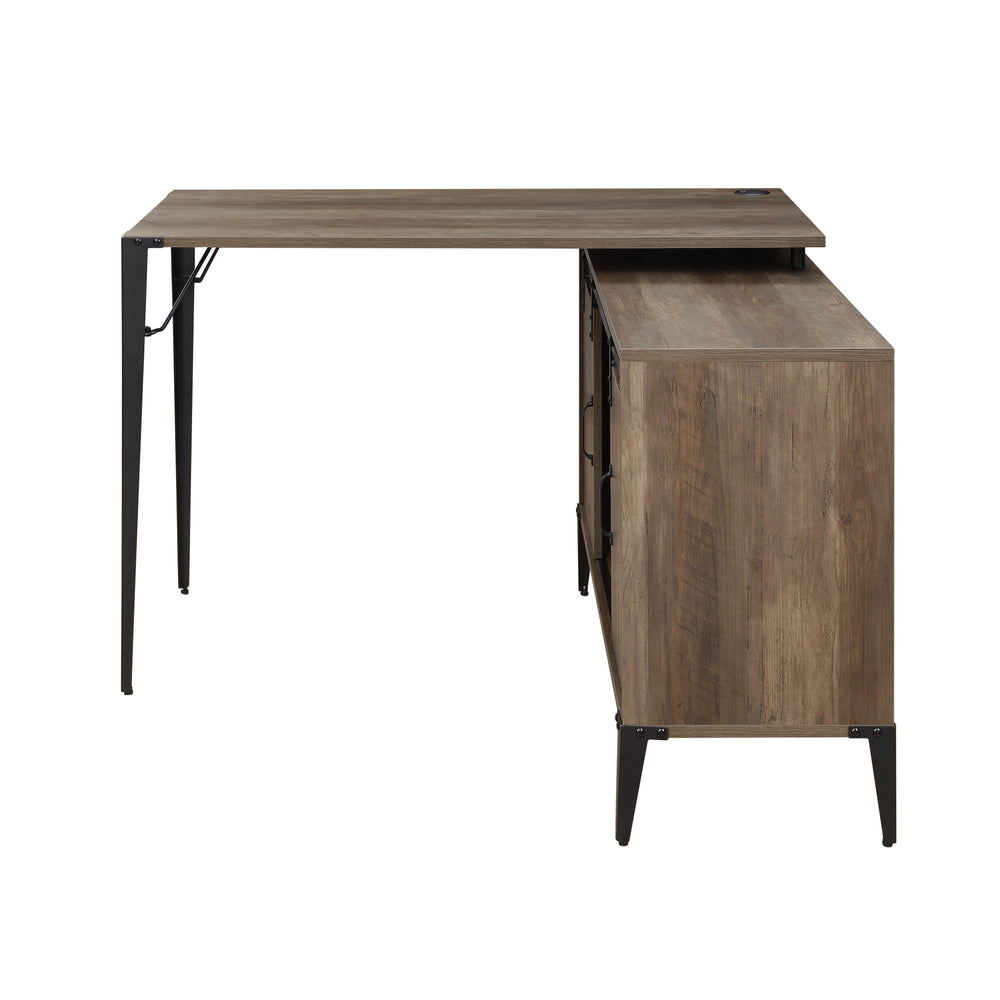 Rustic wooden frame and black metal accent complete an industrial chic look. This desk includes a storage cabinet topped with a rectangle desk top, creating a clever and functional L-shaped work station. Additional cabinet features two sliding doors and s