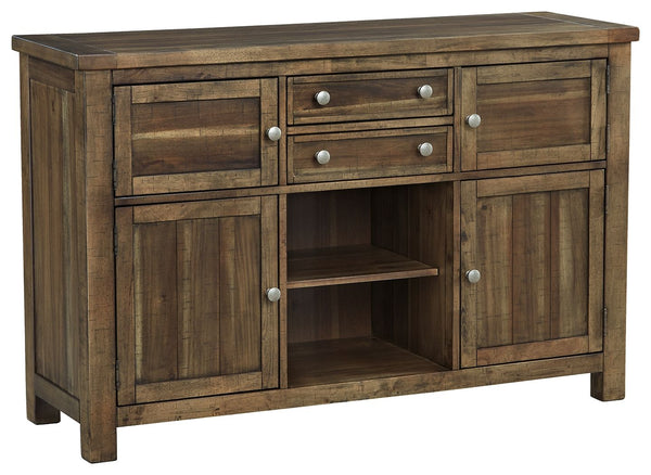 This dining room server might be simple at first sight, but a closer look reveals beauty in the details. With the plank-effect cabinet doors and table top, distressed nutmeg finish and antiqued bronze-tone hardware, itâ€™s simply beaming with charm. The s