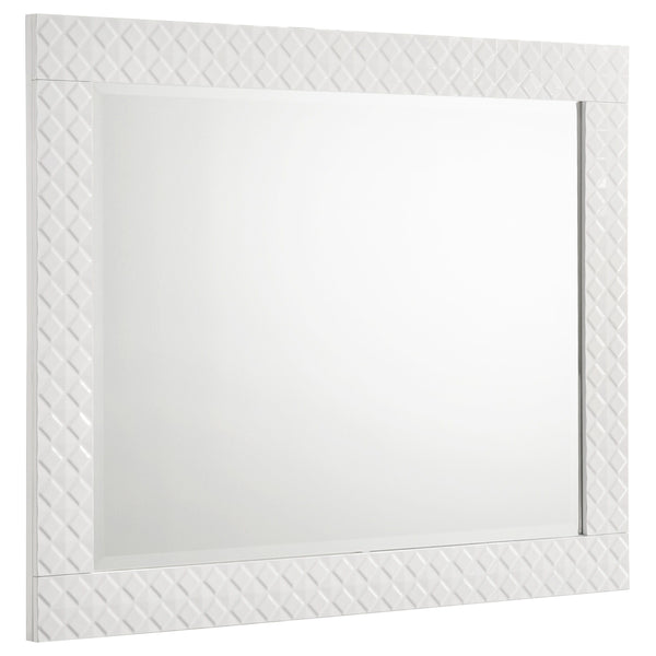 Complete your dresser with this elegant mirror, designed to enhance the modern aesthetic of your bedroom. The high gloss finish and 3-dimensional diamond tile emboss perfectly complement the dresser, creating a cohesive look. This mirror features a sturdy