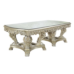 Opulent and magnificent the Sornia dining table will be the focal point of any dining room and is sure to wow guests. The clear glass tabletop allows for the fine details to be enjoyed while dining and will be the topic of conversation throughout the nigh