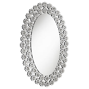 Radiate elegance with this striking oval wall mirror adorned in dazzling faux crystal blossoms. A stunning blend of modern glamour and floral charm, it brightens up any room with its reflective surface and sparkling frame. Perfect for entryways, bathrooms