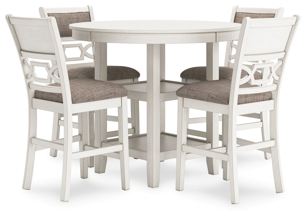 Come together for a delightful dining experience. Chic and relaxed, this counter height dining table and bar stool set effortlessly captivates with its elegant simplicity. The timeless design pairs a crisp white hue with gray textured upholstery. It-'s a 