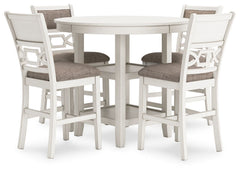 Come together for a delightful dining experience. Chic and relaxed, this counter height dining table and bar stool set effortlessly captivates with its elegant simplicity. The timeless design pairs a crisp white hue with gray textured upholstery. It-'s a 