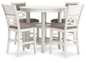 Come together for a delightful dining experience. Chic and relaxed, this counter height dining table and bar stool set effortlessly captivates with its elegant simplicity. The timeless design pairs a crisp white hue with gray textured upholstery. It-'s a 