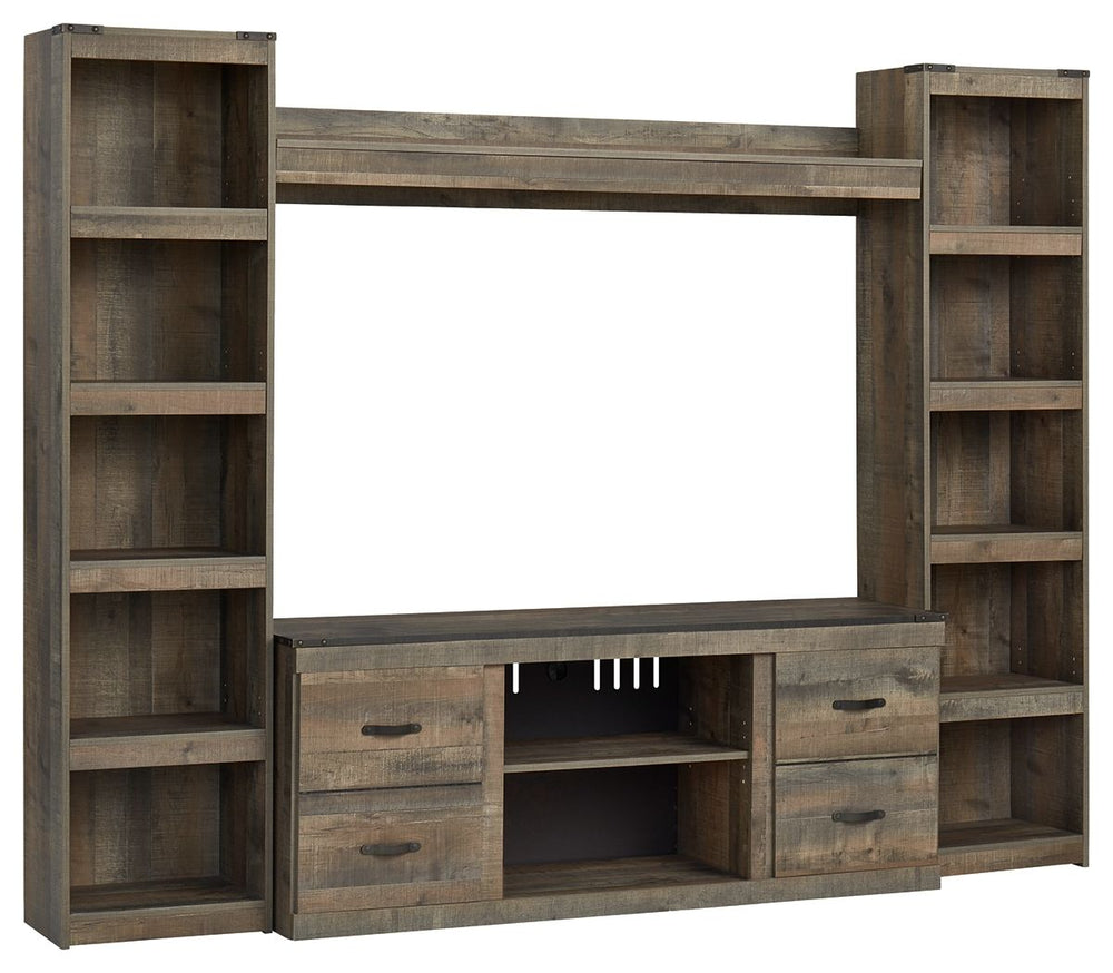 Entertain a rugged yet refined sense of style with this entertainment center. Its rustic finish and plank-style details pay homage to reclaimed barn wood, while metal banding with nailhead accents infuses a touch of industrial cool. Ultra clean lines ensu