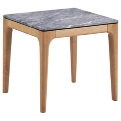 Cradled in the natural warmth of its brown base, the end table offers a delightful contrast with its square high-pressure laminate top that marvelously mimics marble. A testament to mid-century modern design, this piece brings both form and function to th