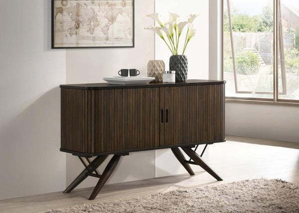  this contemporary server rests on striking flared legs that offer a retro-inspired aesthetic. Tambour doors with finger-tip pulls bring out 
