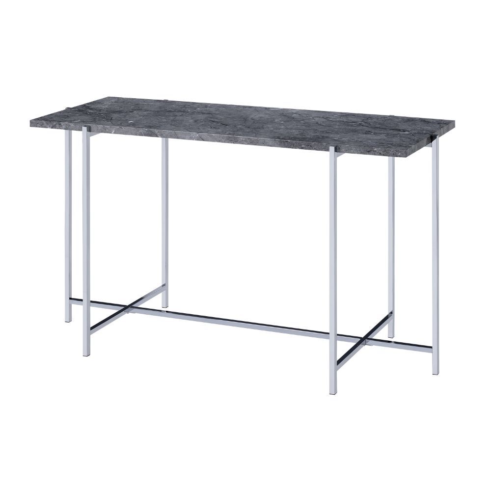 KD, Rectangular Sofa Table â€¢ NO Storage â€¢ Features: Faux Marble Top, Metal -"X-" Shape Base (Open Base) â€¢â€¢ CONSTRUCTION â€¢â€¢ TOP) Faux Marble: Paper Veneer, MDF, Top Size: 1 inch Thick (NO Apron) â€¢ BASE) Metal -"X-" Shape: Chrome Finish, Metal