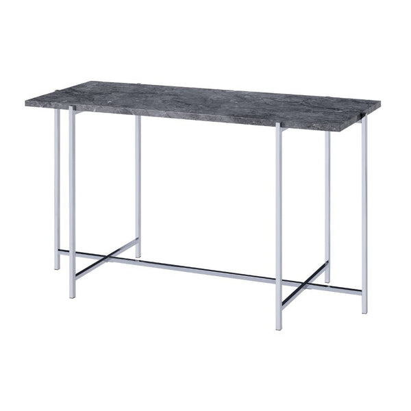 KD, Rectangular Sofa Table â€¢ NO Storage â€¢ Features: Faux Marble Top, Metal -"X-" Shape Base (Open Base) â€¢â€¢ CONSTRUCTION â€¢â€¢ TOP) Faux Marble: Paper Veneer, MDF, Top Size: 1 inch Thick (NO Apron) â€¢ BASE) Metal -"X-" Shape: Chrome Finish, Metal