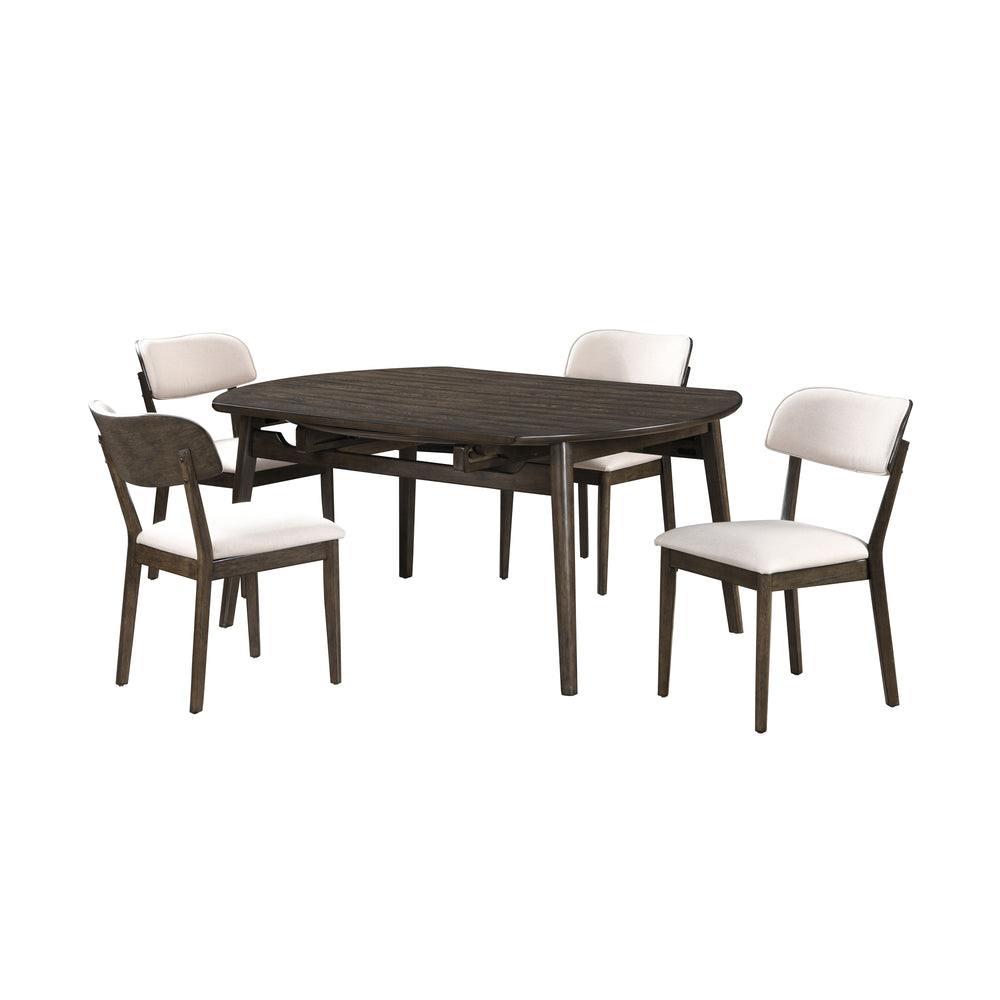 The Rex 5 Piece Mid-Century Modern Wood Dining Set in Walnut Brown offers a stylish and functional solution for your dining area. This set includes a 65" round dining table with self-storing leaves and four chairs. Crafted from solid rubberwood, manufactu