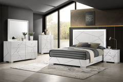 Transform your bedroom into a contemporary sanctuary with this sophisticated and stylish furniture ensemble. Defined by its bold geometric accents and pristine high-gloss white finish, this collection exudes modern elegance while maintaining a clean, mini