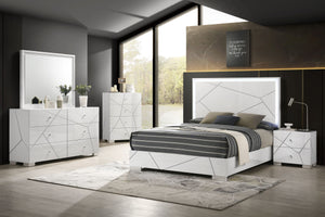 Transform your bedroom into a contemporary sanctuary with this sophisticated and stylish furniture ensemble. Defined by its bold geometric accents and pristine high-gloss white finish, this collection exudes modern elegance while maintaining a clean, mini