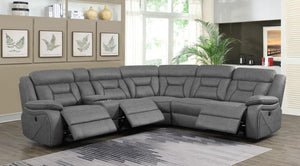  four-piece sectional pulls a room together in stylish harmony. Its gorgeous grey upholstery has a soft