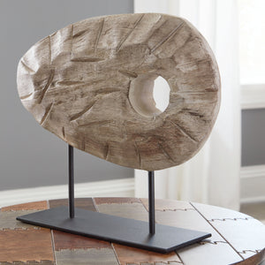  mantel or dining table with this sculpture. Wood in an antiqued white finish is brimming with natural beauty and adds warmth to your space. A sleekly styled black metal base grounds the piece.<br/><br/><b>Product Features</