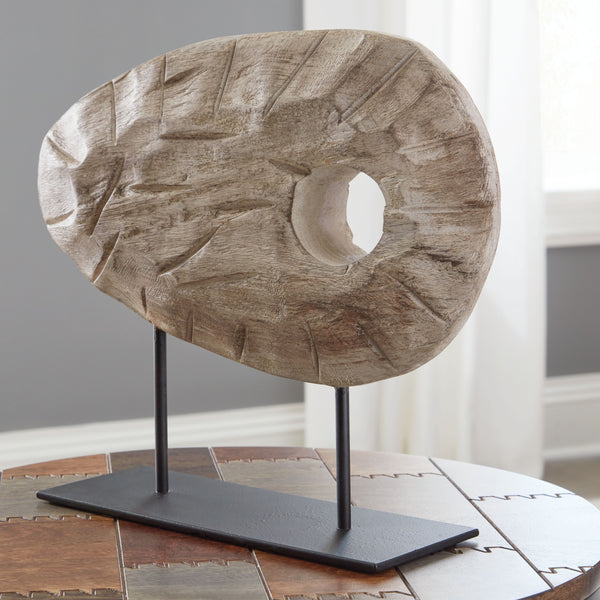  mantel or dining table with this sculpture. Wood in an antiqued white finish is brimming with natural beauty and adds warmth to your space. A sleekly styled black metal base grounds the piece.<br/><br/><b>Product Features</