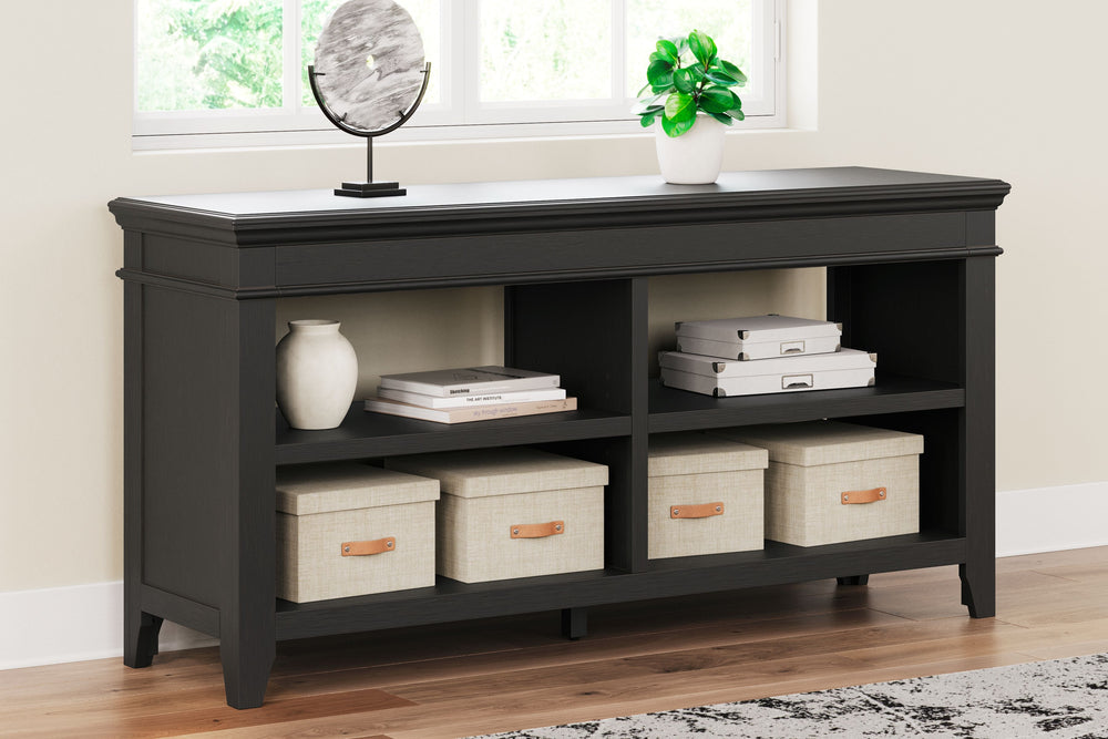 Make a style statement with this home office credenza. Its traditional design is updated with an on-trend vintage black finish. The credenza-'s open storage and adjustable shelving add up to a well-organized workspace.<br><br><b>Additional Dimensions</b><