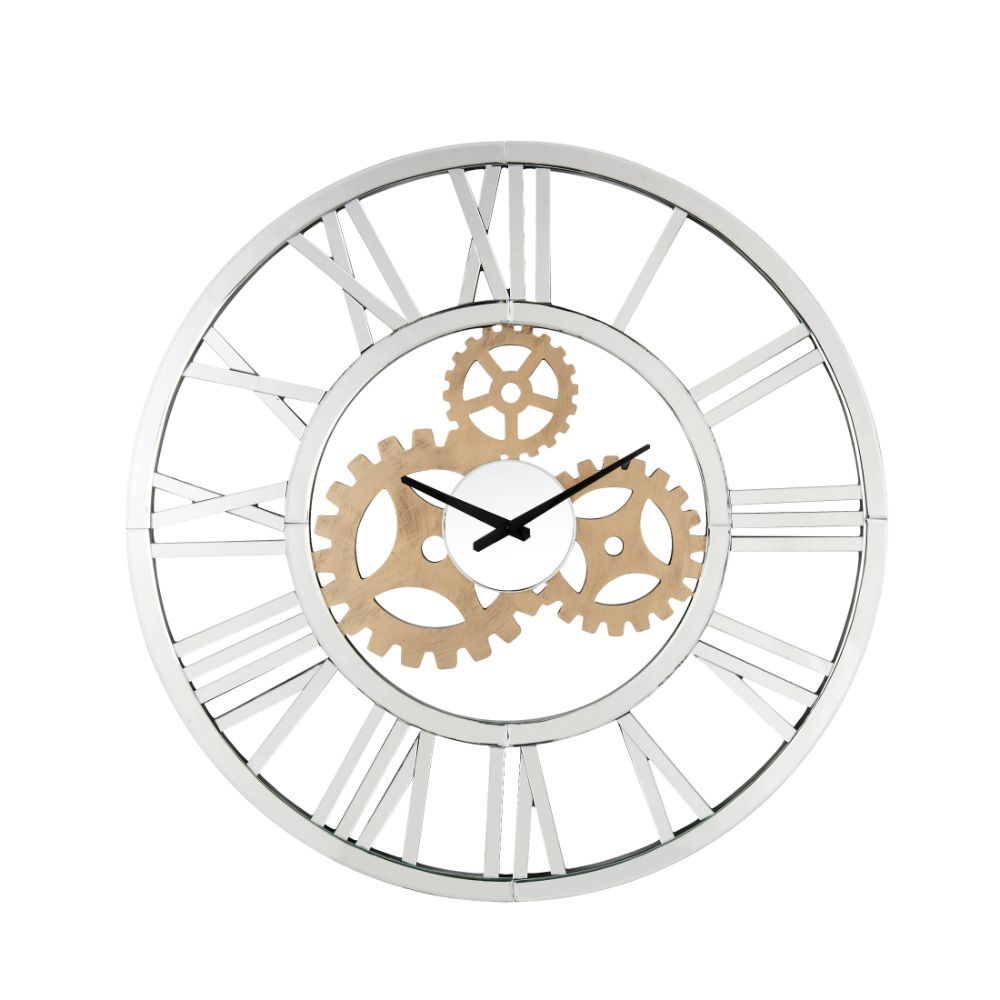 This Alicia round wall clock offers beveled mirrored panels that highlight its glamorous style. Features quartz mechanism, open back frame made with durable engineered wood. The clock face comes with a timeless roman numeral design that will naturally att