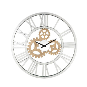 This Alicia round wall clock offers beveled mirrored panels that highlight its glamorous style. Features quartz mechanism, open back frame made with durable engineered wood. The clock face comes with a timeless roman numeral design that will naturally att