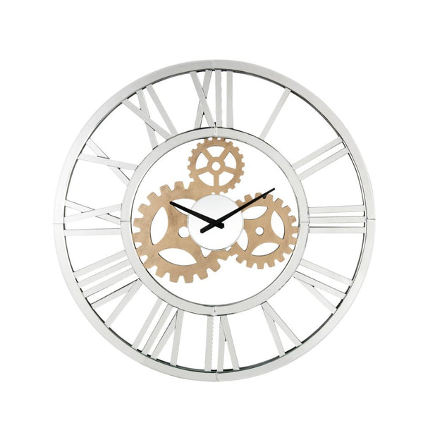 This Alicia round wall clock offers beveled mirrored panels that highlight its glamorous style. Features quartz mechanism, open back frame made with durable engineered wood. The clock face comes with a timeless roman numeral design that will naturally att