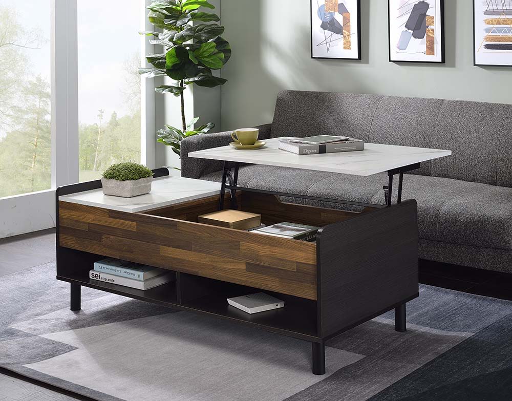 The Collection coffee table-'s innovative design with a hidden compartment and lift tabletop can be adjusted vertically to make things more convenient. Lifting it is effortless, there is an extra storage room provided. The coffee table includes a side dra