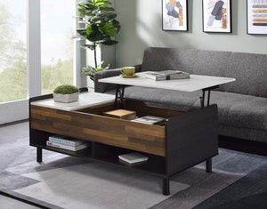 The Collection coffee table-'s innovative design with a hidden compartment and lift tabletop can be adjusted vertically to make things more convenient. Lifting it is effortless, there is an extra storage room provided. The coffee table includes a side dra