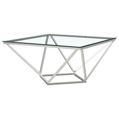 This modern end table showcases a bold geometric base in a polished nickel finish, paired with a durable clear tempered glass top. The tempered glass surface offers scratch resistance and effortless upkeep, while the nickel-finished steel frame ensures la
