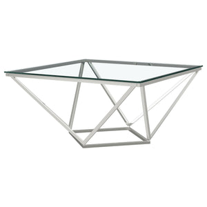 This modern end table showcases a bold geometric base in a polished nickel finish, paired with a durable clear tempered glass top. The tempered glass surface offers scratch resistance and effortless upkeep, while the nickel-finished steel frame ensures la