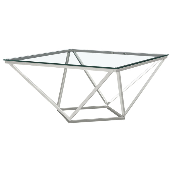 This modern end table showcases a bold geometric base in a polished nickel finish, paired with a durable clear tempered glass top. The tempered glass surface offers scratch resistance and effortless upkeep, while the nickel-finished steel frame ensures la