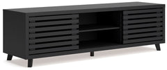 Entertain the art of modern living with this TV stand. Pairing a subtle wood grain look with a trend-right matte black finish, itâ€™s beautifully in tune with your clean-lined design sensibility. Packed with potential, two sliding doors reveal even more a
