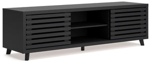 Entertain the art of modern living with this TV stand. Pairing a subtle wood grain look with a trend-right matte black finish, itâ€™s beautifully in tune with your clean-lined design sensibility. Packed with potential, two sliding doors reveal even more a