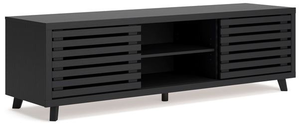 Entertain the art of modern living with this TV stand. Pairing a subtle wood grain look with a trend-right matte black finish, itâ€™s beautifully in tune with your clean-lined design sensibility. Packed with potential, two sliding doors reveal even more a