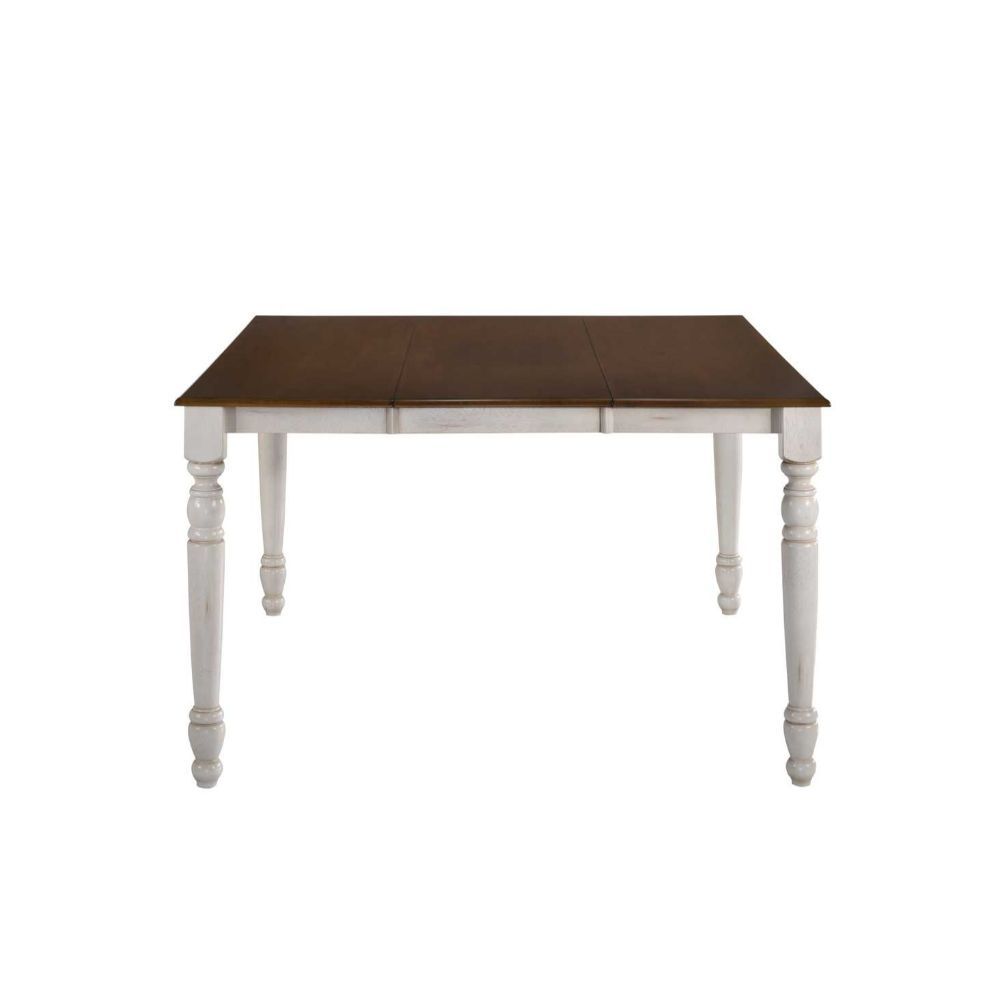 The Dylan collection features convertible table top with removable leaf, and turned legs, all carefully crafted with selected wood and veneers in rich buttermilk and dark oak finish. Matching side chairs offer overlapped -"X-" backrest design, wooden seat