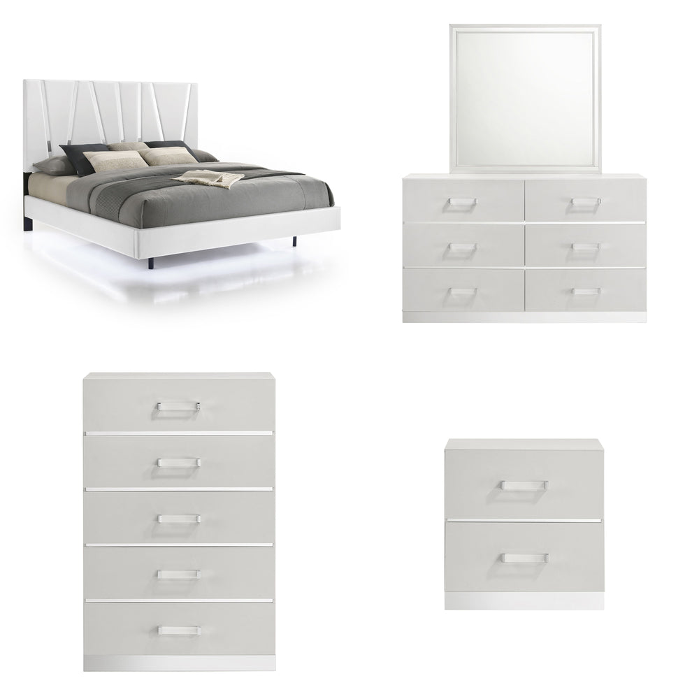 The Europa 5 Piece Bedroom Set in white brings modern elegance and practical functionality to your bedroom. This set includes a panel bed as well as a dresser, mirror, nightstand, and chest. The sleek design features a majestic headboard, glossy white fin